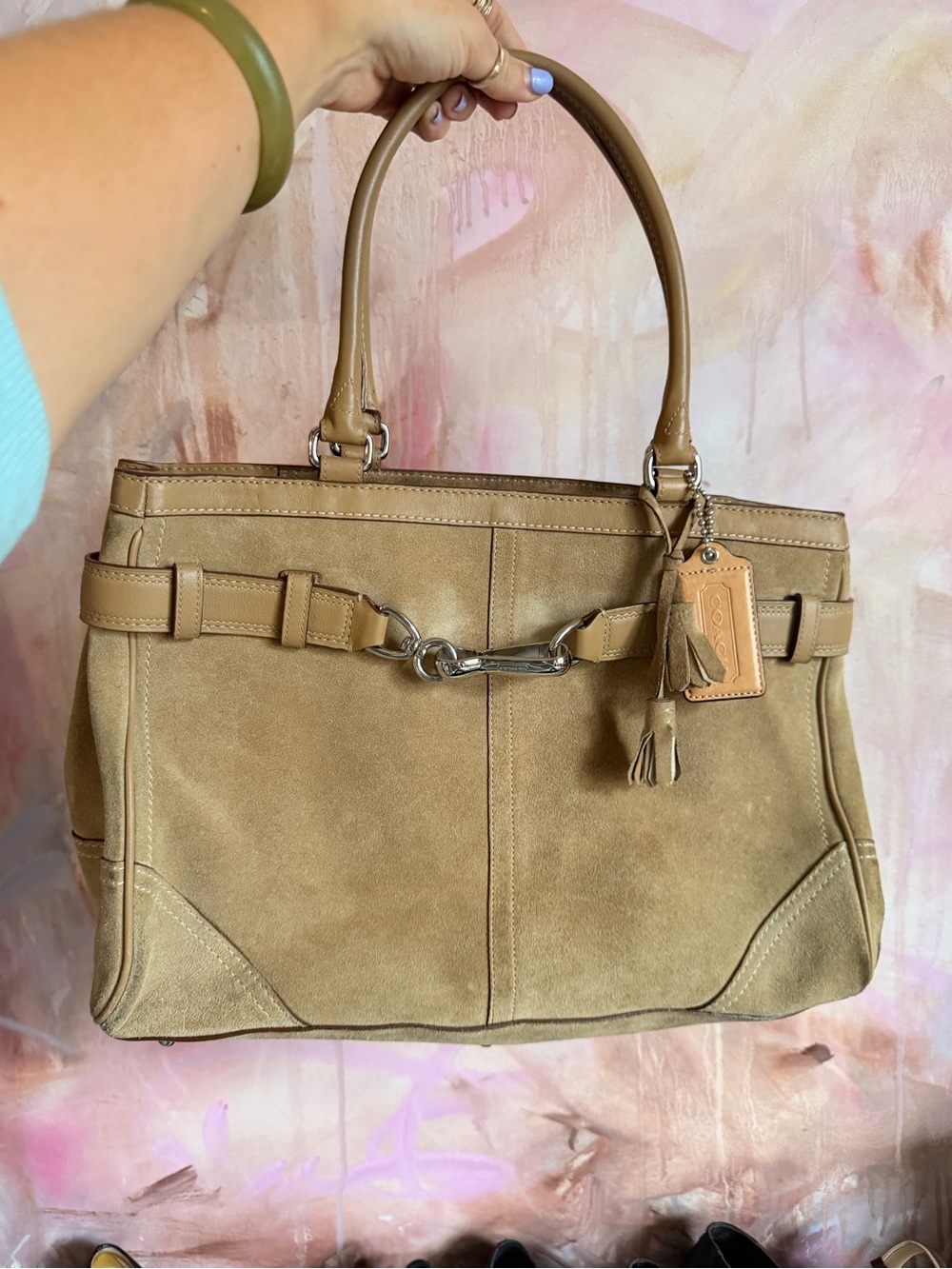 Coach Suede Tote Handbag in Camel with Stirrup Accent
